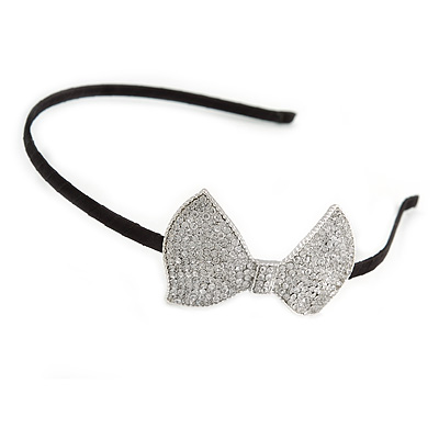Party/ Prom/ Wedding Silver Tone with Black Silk Ribbon Clear Crystal Bow Tiara Headband - Flex - main view