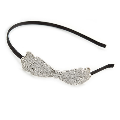 Party/ Prom/ Wedding Silver Tone with Black Silk Ribbon Clear Crystal Bow Tiara Headband - Flex - main view