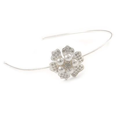 Bridal/ Wedding/ Prom Rhodium Plated White Faux Pearl, Crystal Flower Tiara Headband - main view