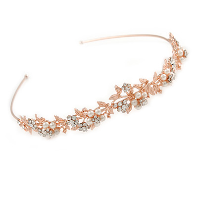 Bridal/ Wedding/ Prom Rose Gold Tone Clear Crystal, White Glass Flowers & Leaves Tiara Headband