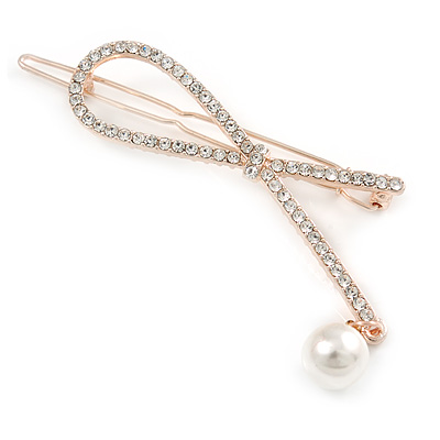 Rose Gold Tone Metal Clear Crystal, Simulated Pearl Bead Open Bow Hair Slide/ Grip - 70mm Across - main view