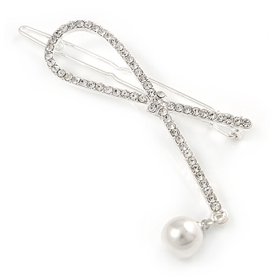 Silver Plated Clear Crystal, Simulated Pearl Bead Open Bow Hair Slide/ Grip - 70mm Across - main view