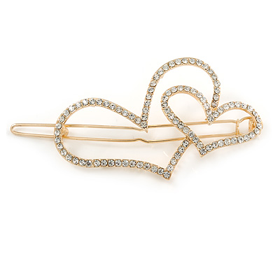 Gold Plated Clear Crystal Open Double Heart Hair Slide/ Grip - 75mm Across - main view