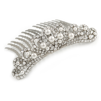 Bridal/ Wedding/ Prom/ Party Rhodium Plated Clear Crystal White Faux Pearl Hair Comb/ Tiara - 95mm - main view