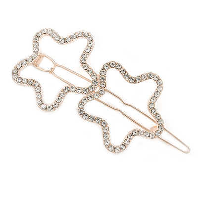 Rose Gold Tone Clear Crystal Double Star Hair Slide/ Grip - 60mm Across - main view