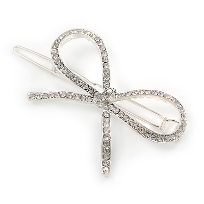 Silver Plated Clear Crystal White Glass Bead Open Bow Hair Slide/ Grip - 60mm Across - main view