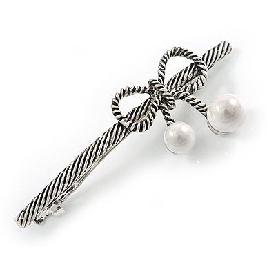 Vintage Inspired Thin Cherry Barrette Hair Clip Grip Aged Silver Tone - 70mm Across - main view