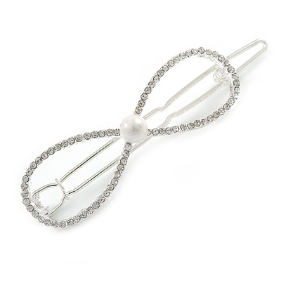 Silver Plated Clear Crystal White Glass Bead Open Bow Hair Slide/ Grip - 65mm Across