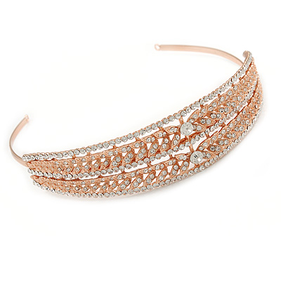 Wide Bridal/ Wedding/ Prom Rose Gold Tone Clear Austrian Crystal Leaf Tiara Headband