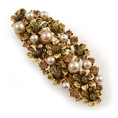 Vintage Inspired Caramel Faux Pearl, Topaz Crystal Floral Barrette Hair Clip Grip In Aged Gold Tone Finish - 85mm Across - main view