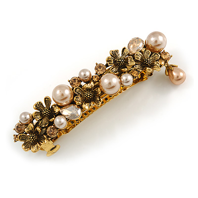 Vintage Inspired Caramel Faux Pearl, Champagne Crystal Floral Barrette Hair Clip Grip In Aged Gold Finish - 85mm Across - main view