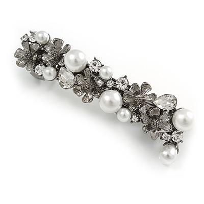 Vintage Inspired White Faux Pearl, Clear Crystal Floral Barrette Hair Clip Grip In Gunmetal Finish - 85mm Across - main view