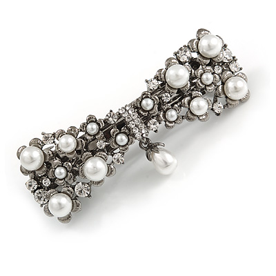 Vintage Inspired White Faux Pearl, Clear Crystal Bow Barrette Hair Clip Grip In Gunmetal Finish - 85mm Across - main view
