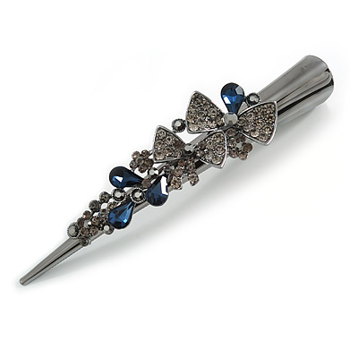 Large Dim Grey/ Midnight Blue Austrian Crystal Bow Hair Beak Clip/ Concord Clip In Black Tone - 13cm Length