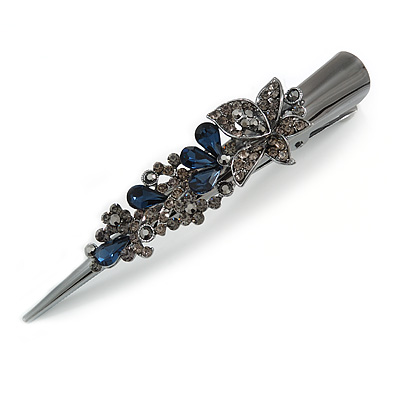 Large Dim Grey/ Midnight Blue Austrian Crystal Floral Hair Beak Clip/ Concord Clip In Black Tone - 13cm Length - main view