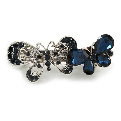 Small Vintage Inspired Midnight Blue Crystal Double Double Butterfly Barrette Hair Clip Grip In Aged Silver Finish - 65mm Across