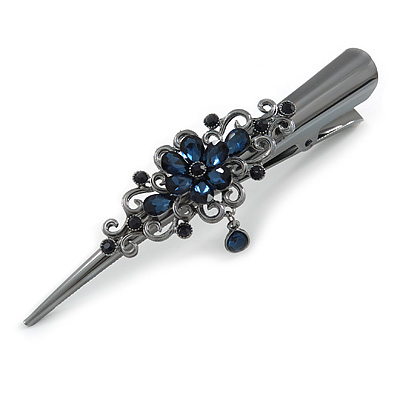 Large Midnight Blue Crystal Flower with Dangle Hair Beak Clip/ Concord Clip In Black Tone - 13cm L - main view