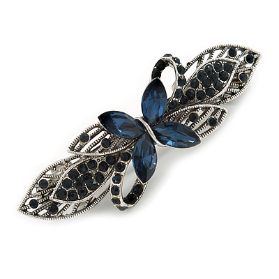 Small Vintage Inspired Midnight Blue Crystal Butterfly Barrette Hair Clip Grip In Aged Silver Finish - 70mm Across - main view