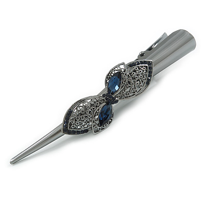 Large Midnight Blue Crystal Floral Hair Beak Clip/ Concord Clip In Black Tone - 13cm L