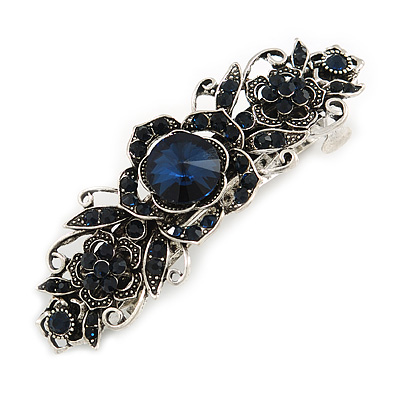 Vintage Inspired Midnight Blue Crystal Floral Barrette Hair Clip Grip In Aged Silver Finish - 85mm Across - main view