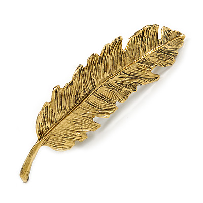 Vintage Inspired Feather Barrette Hair Clip Grip In Aged Gold Finish - 95mm Across - main view