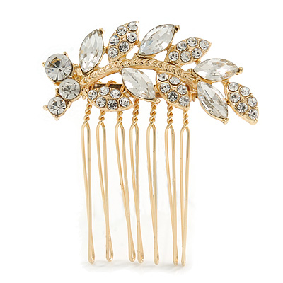 Small Bridal/ Wedding/ Prom/ Party Gold Plated Clear Crystal Leaf Hair Comb - 50mm