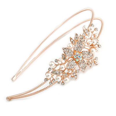 Bridal/ Wedding/ Prom Rose Gold Tone Clear Crystal, White Faux Pearl Floral Tiara Headband - Flex