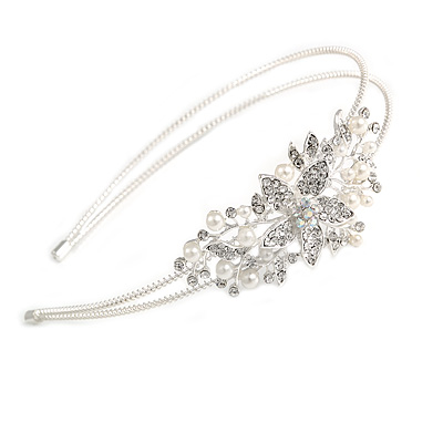 Bridal/ Wedding/ Prom Light Silver Tone Clear Crystal, White Faux Pearl Floral Tiara Headband - Flex - main view