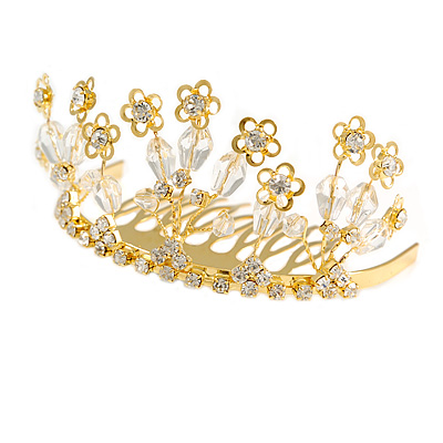 Fairy Princess Bridal/ Wedding/ Prom/ Party Gold Tone Clear Crystal and Transparent Glass Bead Floral Mini Hair Comb Tiara - 65mm - main view