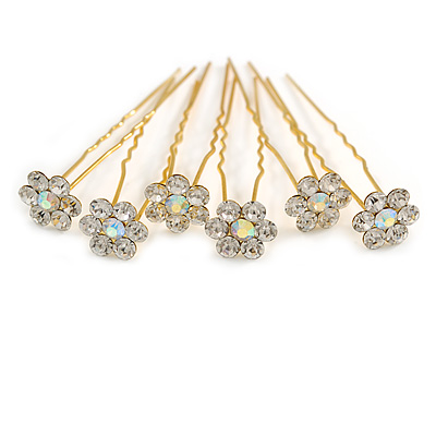 Bridal/ Wedding/ Prom/ Party Set Of 6 Clear/ Ab Austrian Crystal Daisy Flower Hair Pins In Gold Tone