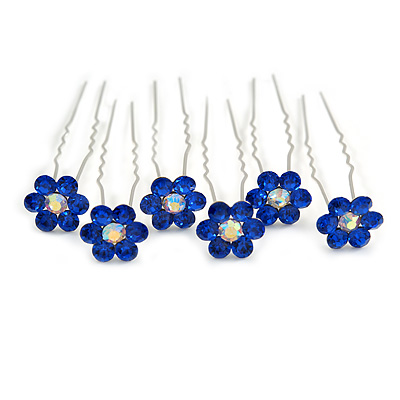 Bridal/ Wedding/ Prom/ Party Set Of 6 Sapphired Blue Austrian Crystal Daisy Flower Hair Pins In Silver Tone - main view