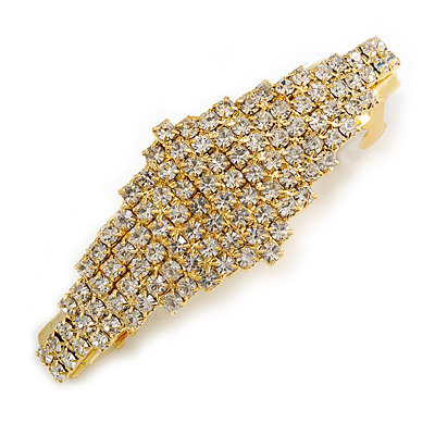 Classic Clear Crystal Geometric Barrette Hair Clip Grip In Gold Plated Metal - 75mm Across - main view
