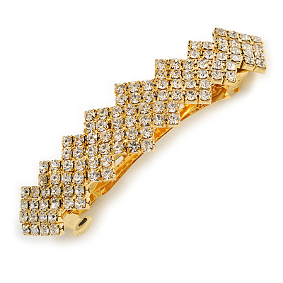 Classic Clear Crystal Geometric Barrette Hair Clip Grip In Gold Plated Metal - 85mm Across - main view