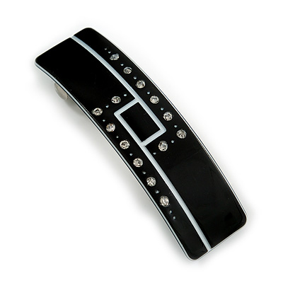 Black/ White Acrylic Crystal Barrette Hair Clip Grip In Silver Tone Metal - 80mm Long - main view