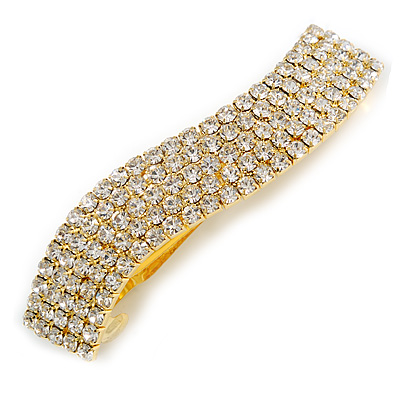 Clear Crystal Wavy Barrette Hair Clip Grip In Gold Plated Metal - 80mm - main view