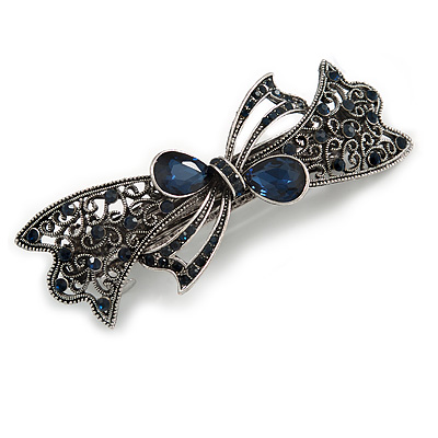 Large Vintage Inspired Midnight Blue Crystal Bow Barrette Hair Clip Grip In Aged Silver Finish - 95mm Across - main view