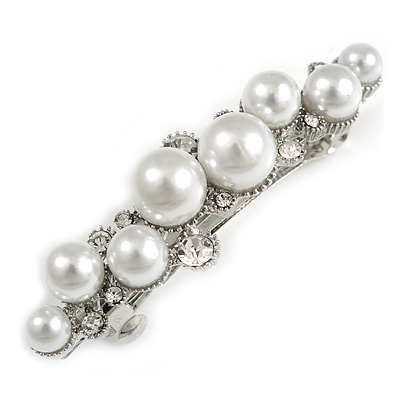 Small Faux White Glass Pearl Bead Clear Crystal Barrette Hair Clip Grip in Silver Tone - 60mm W - main view