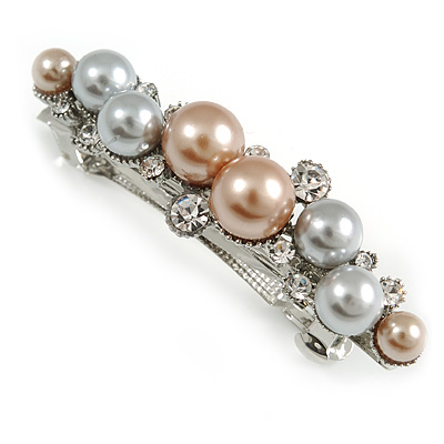 Small Faux Grey/ Taupe Glass Pearl Bead Clear Crystal Barrette Hair Clip Grip In Silver Tone  - 60mm W - main view