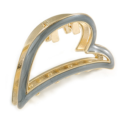 Gold Tone Grey Enamel Open Heart Hair Claw/ Clamp - 65mm Across - main view