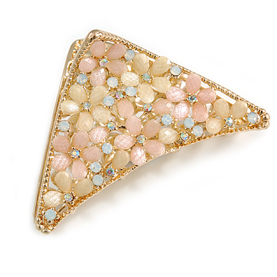 Small AB Crystal Pastel Pink/ Caramel Floral Hair Claw/ Clamp In Gold Tone - 65mm Across - main view