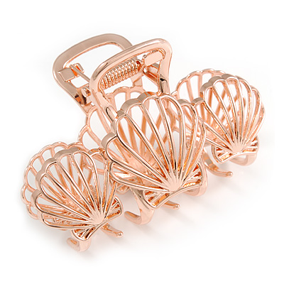 Polished Rose Gold Tone Shell Design Hair Claw/ Clamp - 75mm Across - main view