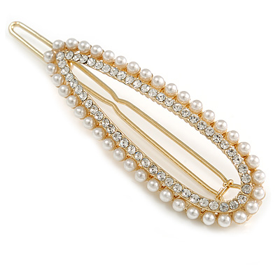 Gold Tone Faux Pearl Clear Crystal Open Oval Hair Slide/ Grip - 65mm Across - main view