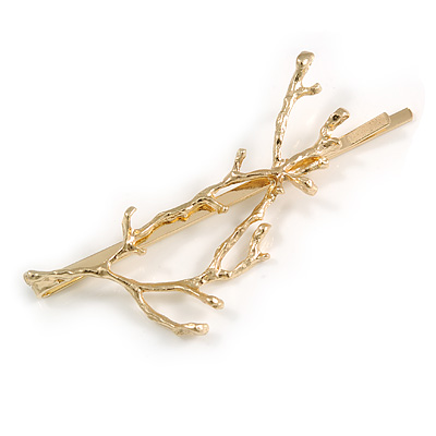Contemporary Hammered Branch Hair Grip/ Slide In Gold Tone - 70mm Long
