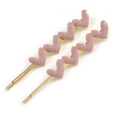 2 Gold Plated Pastel Pink Enamel Heart Hair Grips/ Slides - 65mm - main view