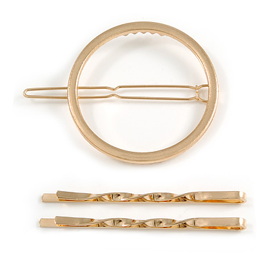 Set Of Twisted Hair Slides and Open Circle Hair Slide/ Grip In Gold Tone Metal - main view