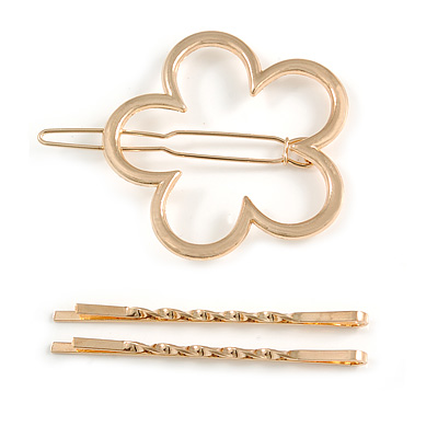 Set Of Twisted Hair Slides and Open Flower Hair Slide/ Grip In Gold Tone Metal - main view