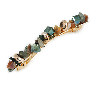Stylish Glass, Semiprecious and Acrylic Stone Barrette Hair Clip Grip in Gold Tone (Olive, Green, Amber) - 85mm W - main view