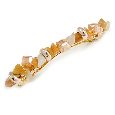 Stylish Glass, Semiprecious and Acrylic Stone Barrette Hair Clip Grip in Gold Tone (Caramel, Champagne) - 85mm W - main view