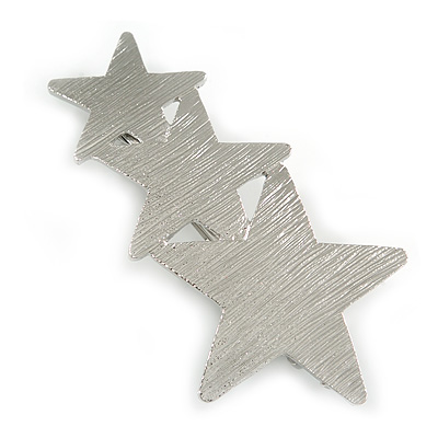 Triple Star Scratched Barrette Hair Clip Grip in Silver Tone - 65mm W - main view