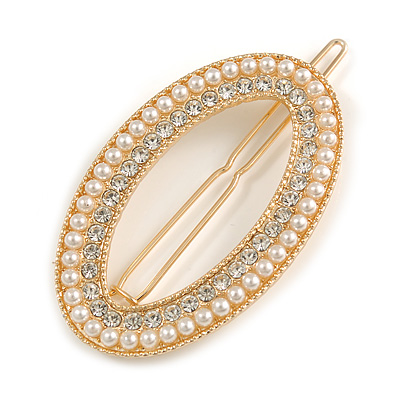 Gold Tone Clear Crystal Cream Faux Pearl Oval Hair Slide/ Grip - 60mm Across - main view